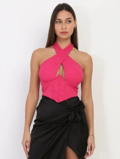 Crop Top Style Corset à Décolleté Ajouré