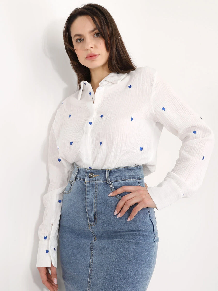 Chemise En Gaze De Coton Avec Cœurs Brodés 1 Chemise En Gaze De Coton Avec Cœurs Brodés