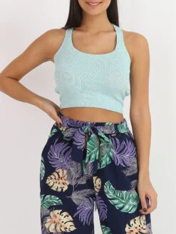 Crop Top Côtelé à Laçage Dorsal