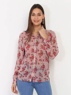 Chemise Fluide Rose à Fleurs Rouges Vieux Rose