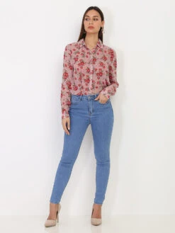 Chemise Fluide Rose à Fleurs Rouges Vieux Rose -Chemisier Gilet Soldes Boutique U17 P8162 DKPNK 3