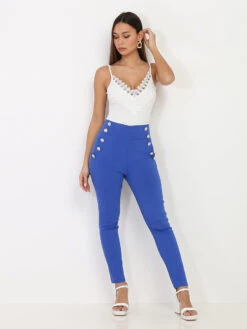 Pantalon Taille Haute à Boutons Officier 5 Pantalon Taille Haute à Boutons Officier -Chemisier Gilet Soldes Boutique U23 MY1033 BLU 3