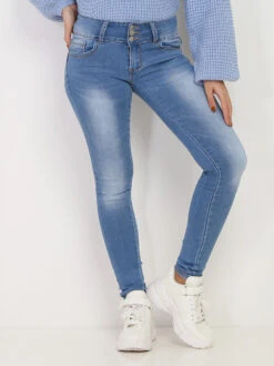 Jeans Skinny Délavé Avec Noeud Au Dos