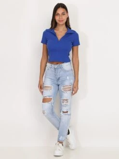 Top Style Polo à Col Décolleté -Chemisier Gilet Soldes Boutique V06 L8355 BLU 3