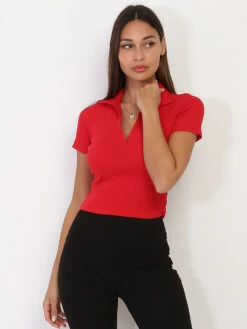 Top Style Polo Rouge à Col Décolleté Rouge