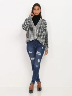 Gilet Long à Motifs Damiers -Chemisier Gilet Soldes Boutique V22 X0008 BLKWHT 3