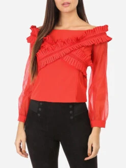 Top à Col Bardot Et Manches En Organza