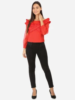 Top à Col Bardot Et Manches En Organza -Chemisier Gilet Soldes Boutique V23 Q347 RED 3
