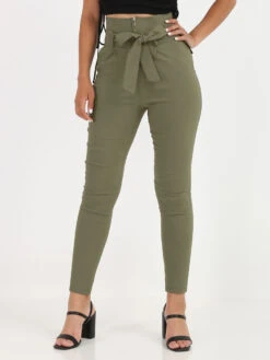 Pantalon Taille Haute à Zip Et Ceinture