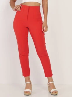 Pantalon Droit Rouge Orangé Taille Haute Rouge