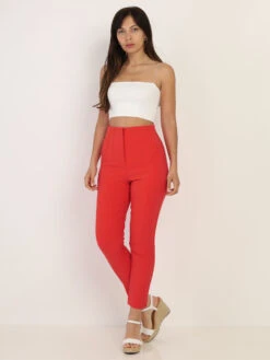 Pantalon Droit Rouge Orangé Taille Haute Rouge -Chemisier Gilet Soldes Boutique W03 K022 RED 4