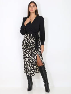 Crop Top Cache-coeur à Manches Plissées -Chemisier Gilet Soldes Boutique W13 23409 BLK 3