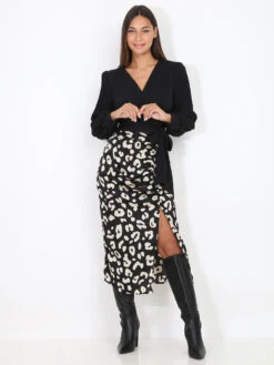 Crop Top Cache-coeur à Manches Plissées -Chemisier Gilet Soldes Boutique W13 23409 BLK 4