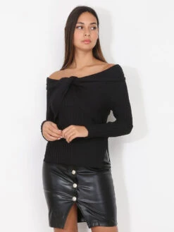 Top Côtelé à Col Bardot Noué