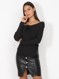 Top Côtelé à Col Bardot Noué -Chemisier Gilet Soldes Boutique W15 6181 BLK 3