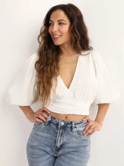 Crop Top Plissé à Manches Ballons.