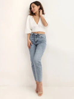 Crop Top Plissé à Manches Ballons. -Chemisier Gilet Soldes Boutique W18 15241 WHT 3