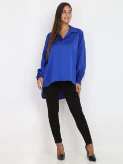 Blouse Oversize Asymétrique Satinée -Chemisier Gilet Soldes Boutique W18 2848 BLU 4