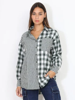 Chemise Oversize à Motif Vichy -Chemisier Gilet Soldes Boutique W19 3927 GRN 1