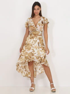 Top Froncé à Imprimé Printanier -Chemisier Gilet Soldes Boutique W23 3591 WHT 3