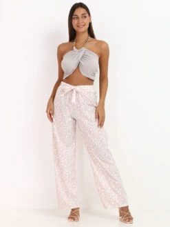 Pantalon Taille Haute à Motifs Petites Fleurs -Chemisier Gilet Soldes Boutique X26 209291 WHT 3