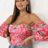 Crop Top Rose Bustier à Motifs Roses Rose