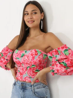 Crop Top Rose Bustier à Motifs Roses Rose