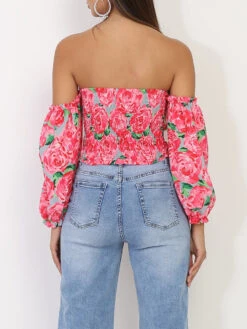 Crop Top Rose Bustier à Motifs Roses Rose -Chemisier Gilet Soldes Boutique X27 13996 2 PNKRED 3