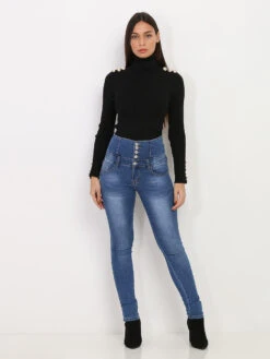Jeans Skinny Délavé Taille Haute à Boutons -Chemisier Gilet Soldes Boutique Y11 Y4443 BLU 3