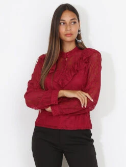 Blouse Boutonnée En Dentelle Et Volants