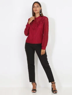 Blouse Boutonnée En Dentelle Et Volants -Chemisier Gilet Soldes Boutique Z05 01000 RED 3