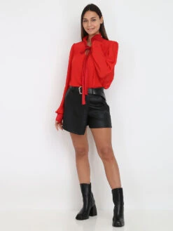 Blouse à Noeud Lavallière Satiné -Chemisier Gilet Soldes Boutique Z07 32688 RED 4