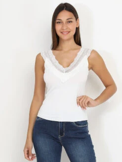 Top Moulant Blanc à Décolleté En Dentelle Blanc
