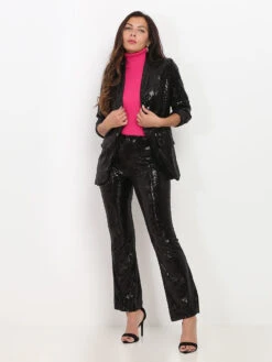 Pantalon Flare à Sequins -Chemisier Gilet Soldes Boutique Z19 13251 BLK 4