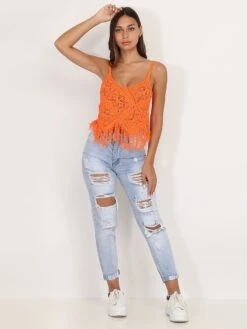 Top En Crochet à Franges -Chemisier Gilet Soldes Boutique Z21 22583 ORG 3